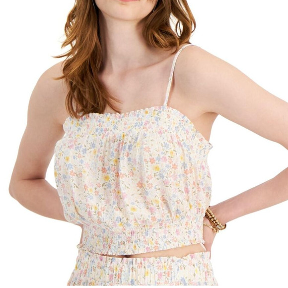 Hippie Rose Tops - Hippie Rose Smocked Tank Top Junior Women's Crop Top Ivory Floral Square Neck